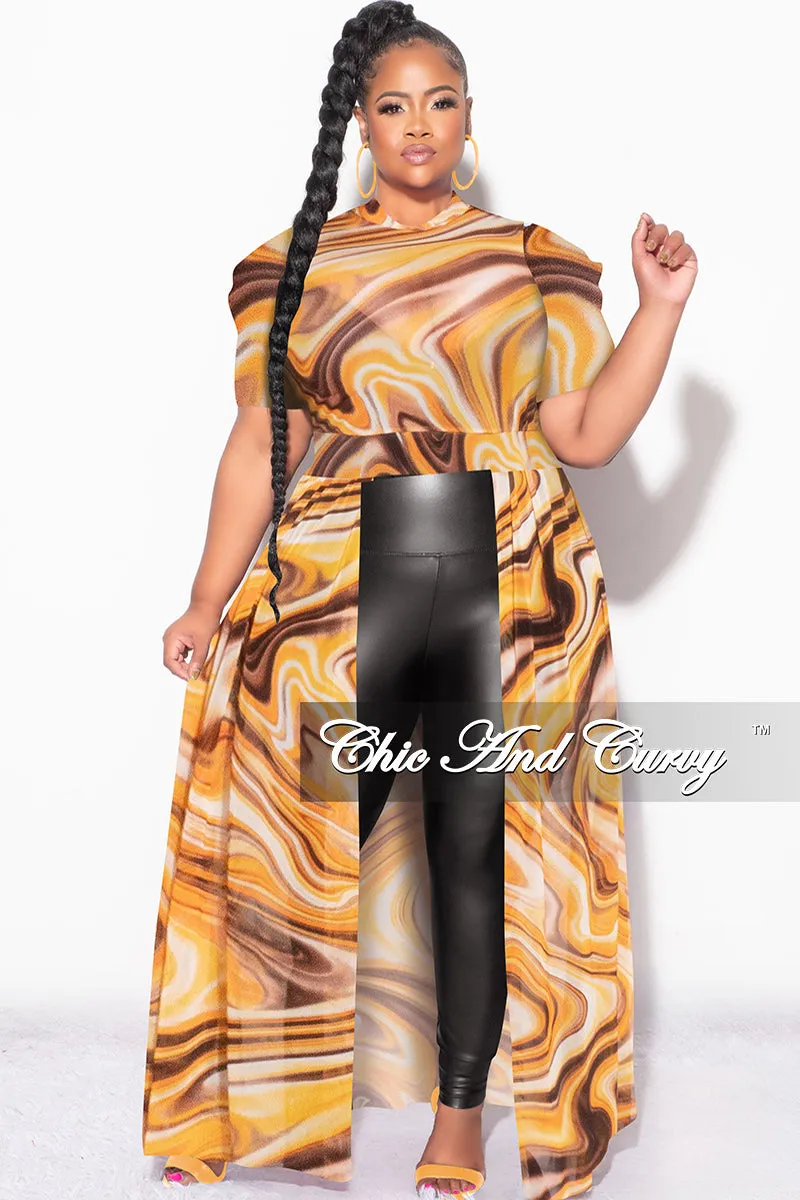 Final Sale Plus Size Mesh Top with Train in Brown Yellow and Orange Classic Fit