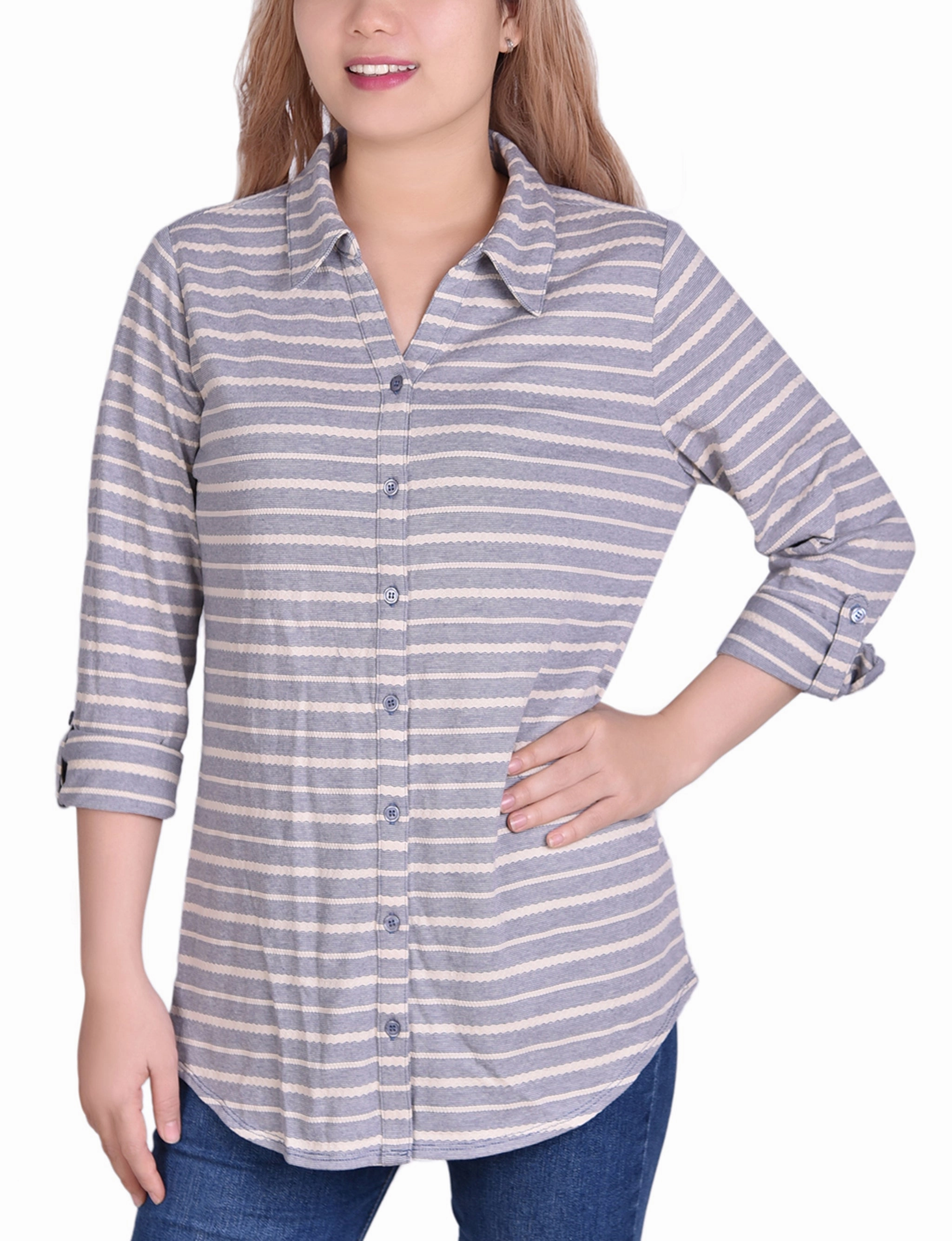3/4 Sleeve Roll Tab Striped Jacquard Blouse VersatileNeckline MoistureManagementSystem