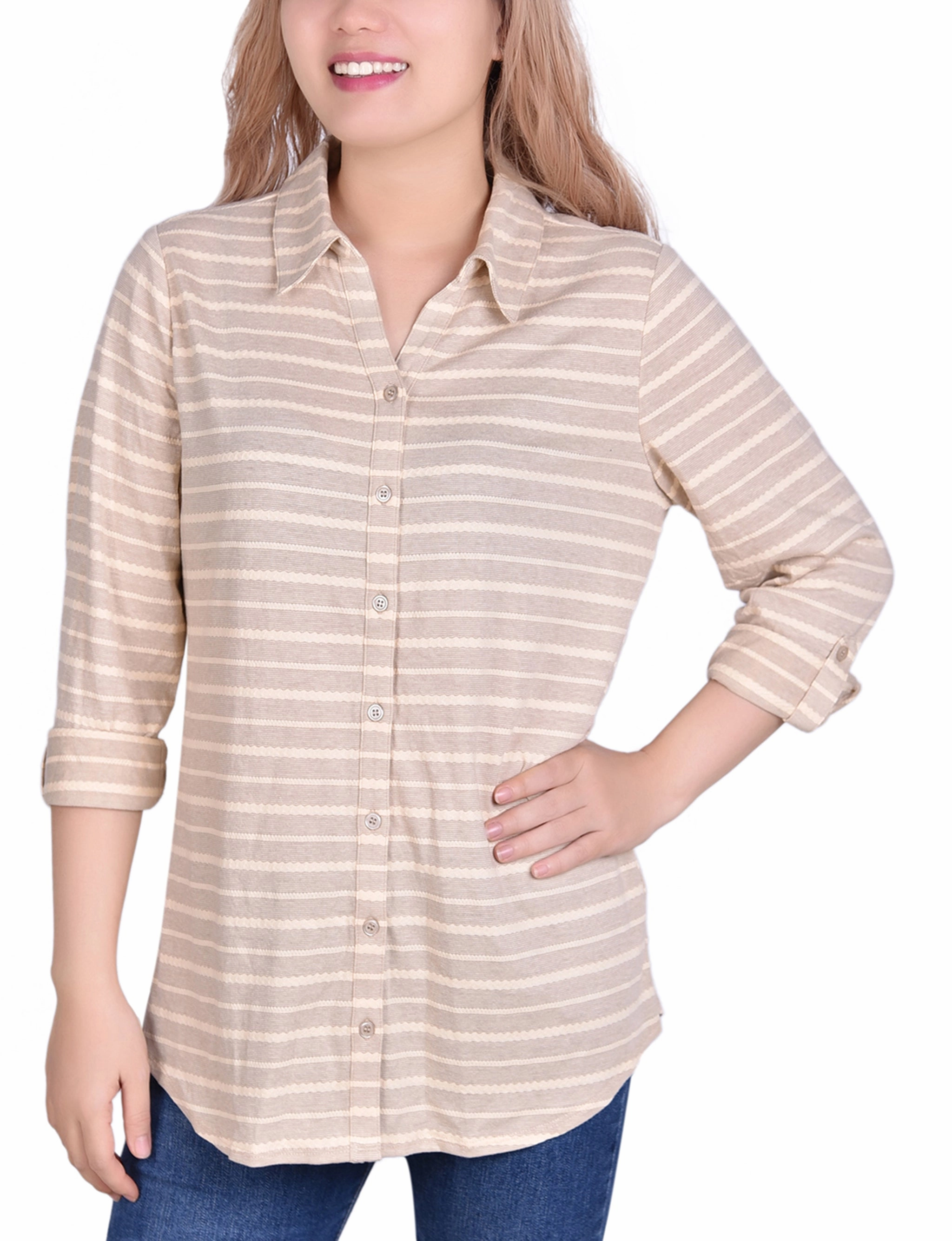3/4 Sleeve Roll Tab Striped Jacquard Blouse standard fit