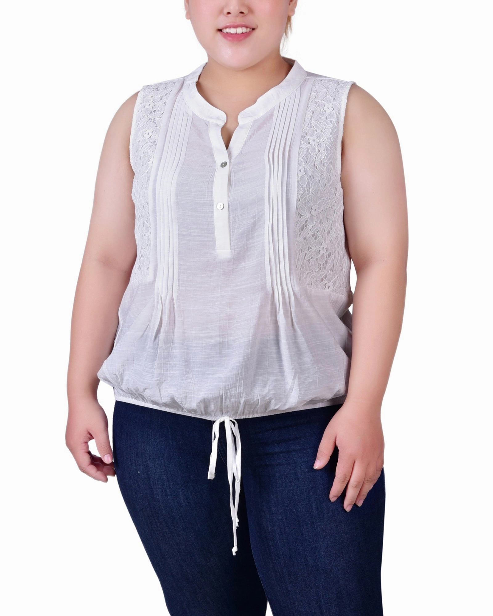 StretchFit Design Rolled Hem Detailing Plus Size Sleeveless Pintuck Tie-Hem Blouse