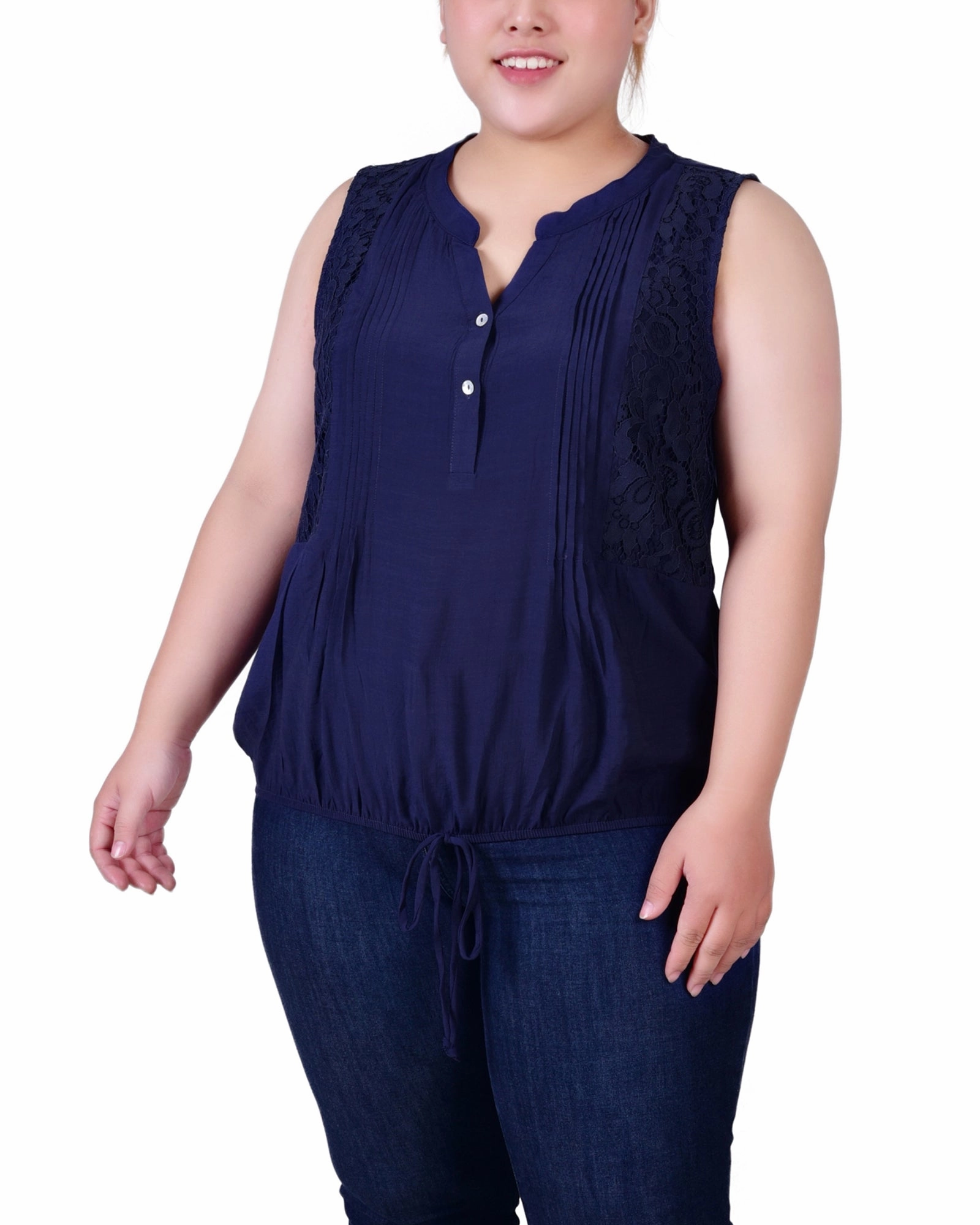 Low Profile Stitching Plus Size Sleeveless Pintuck Tie-Hem Blouse