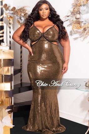 Cozy Layer PreShrunkFabric Final Sale Plus Size Spaghetti Strap Faux Sequin Gown with Cut Outs in Gold