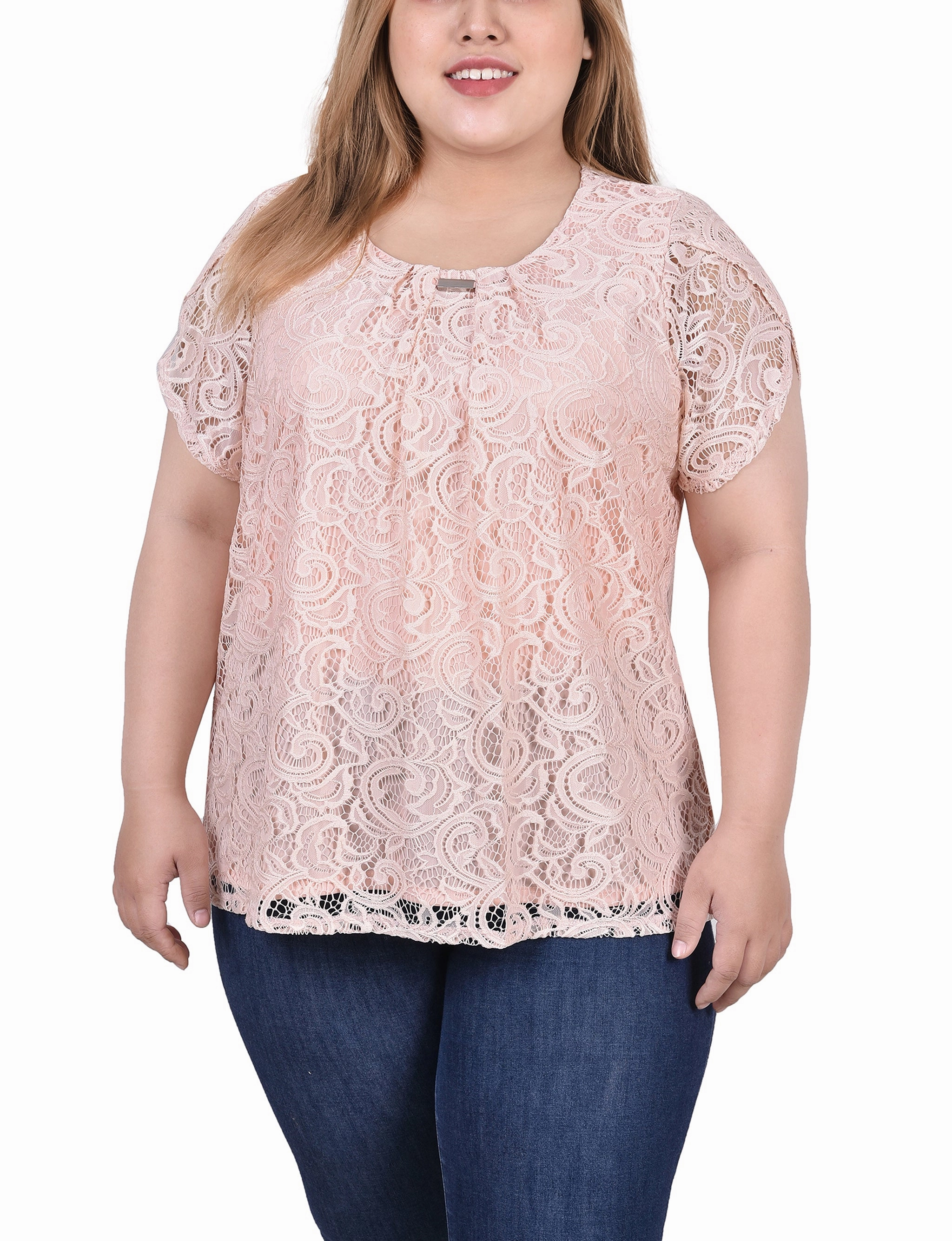 Circular Knit Technique Plus Size Lace Petal Sleeve Top