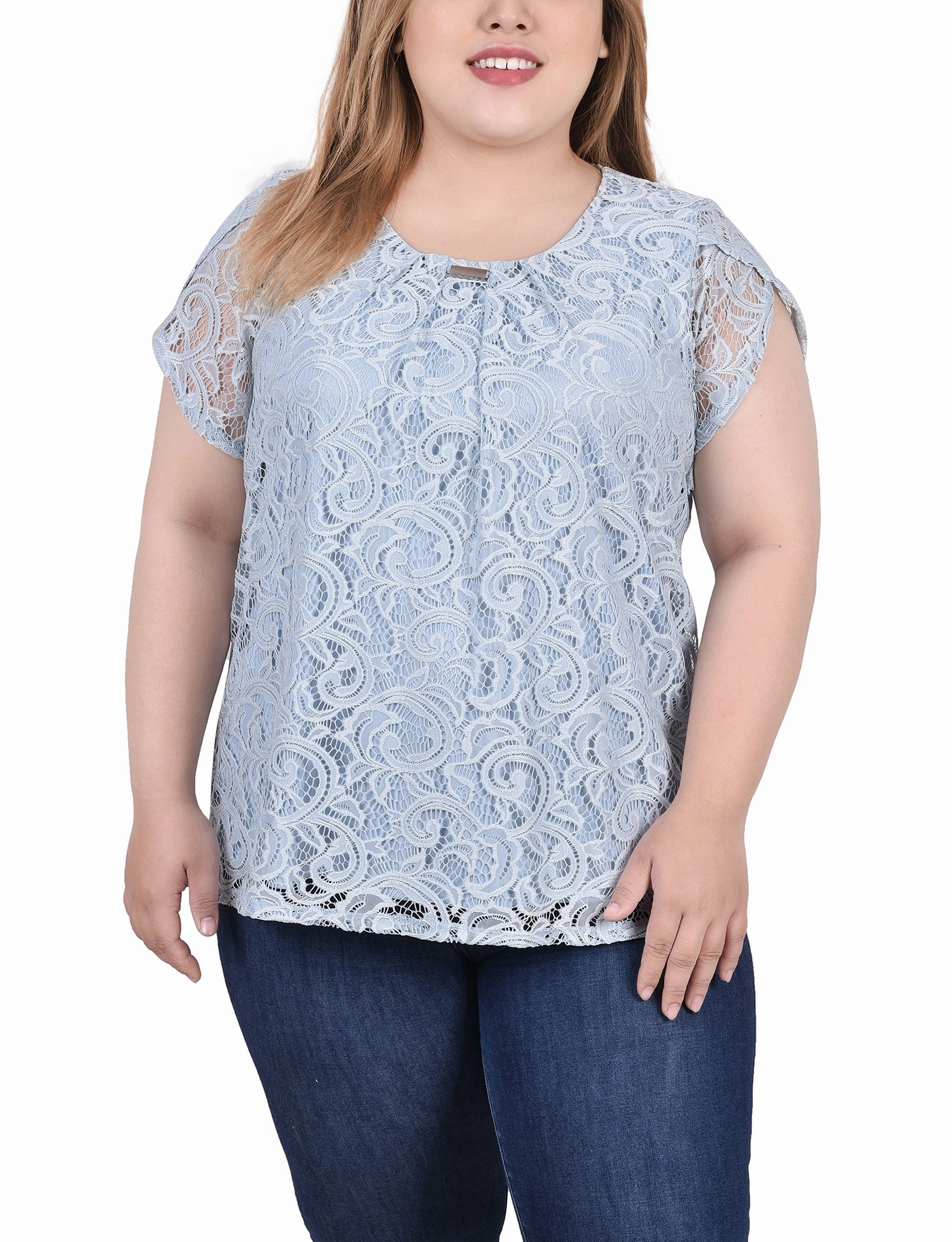 NonChafeCollarTech Eco Friendly Fabric Plus Size Lace Petal Sleeve Top