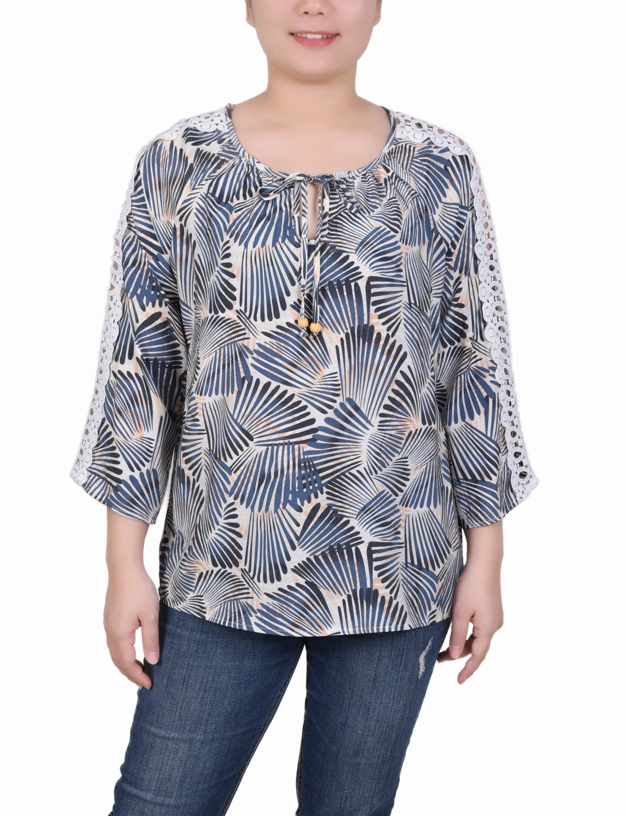 3/4 Sleeve Crochet Detail Blouse Cozy Layer