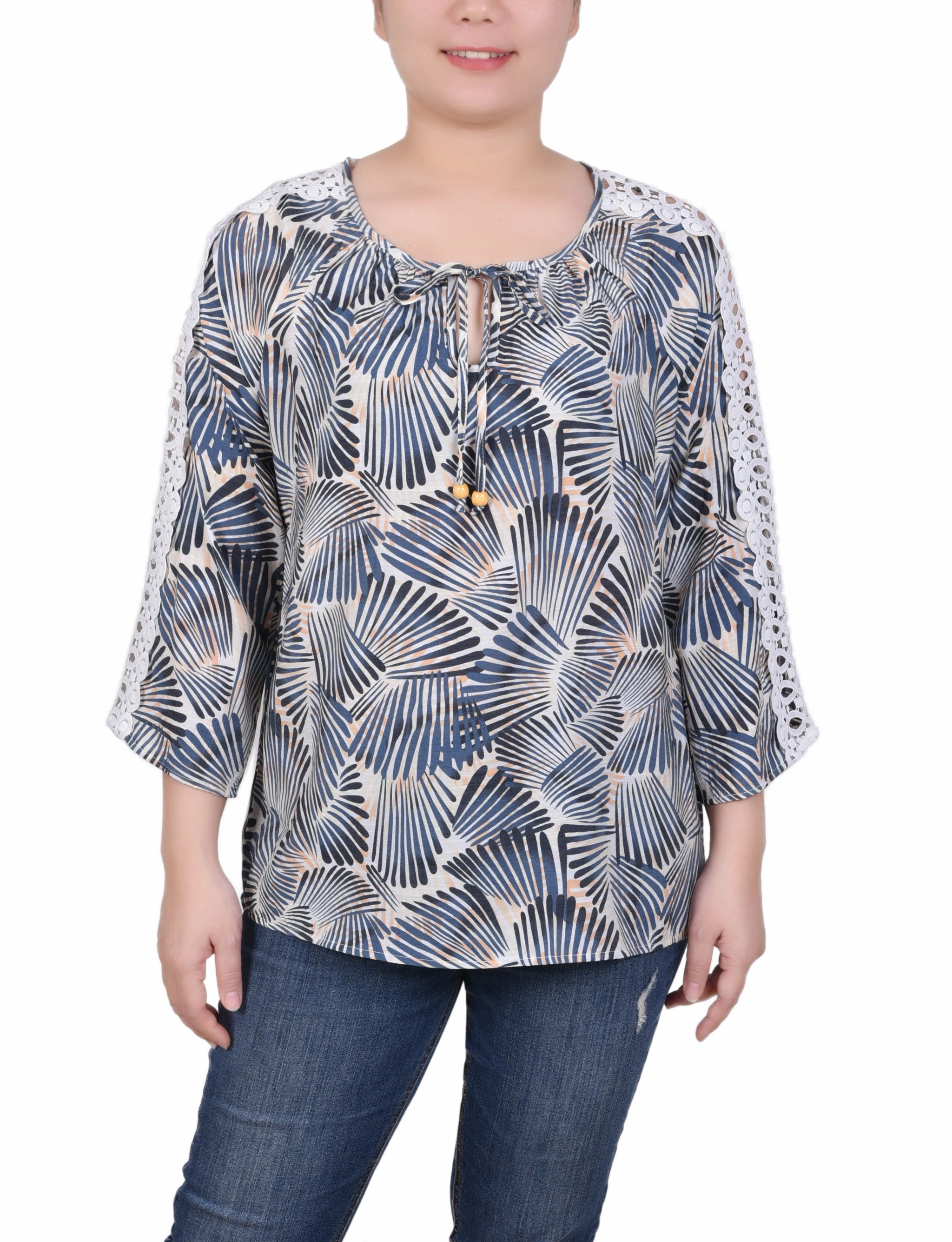 Versatile Shirt 3/4 Sleeve Crochet Detail Blouse