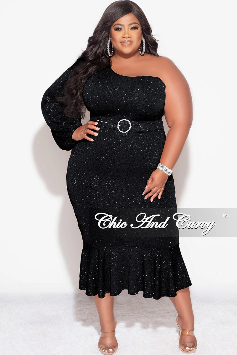 Final Sale Plus Size Shimmer One Shoulder Midi Dress with Bottom Ruffle in Black SeamlessSidePanels