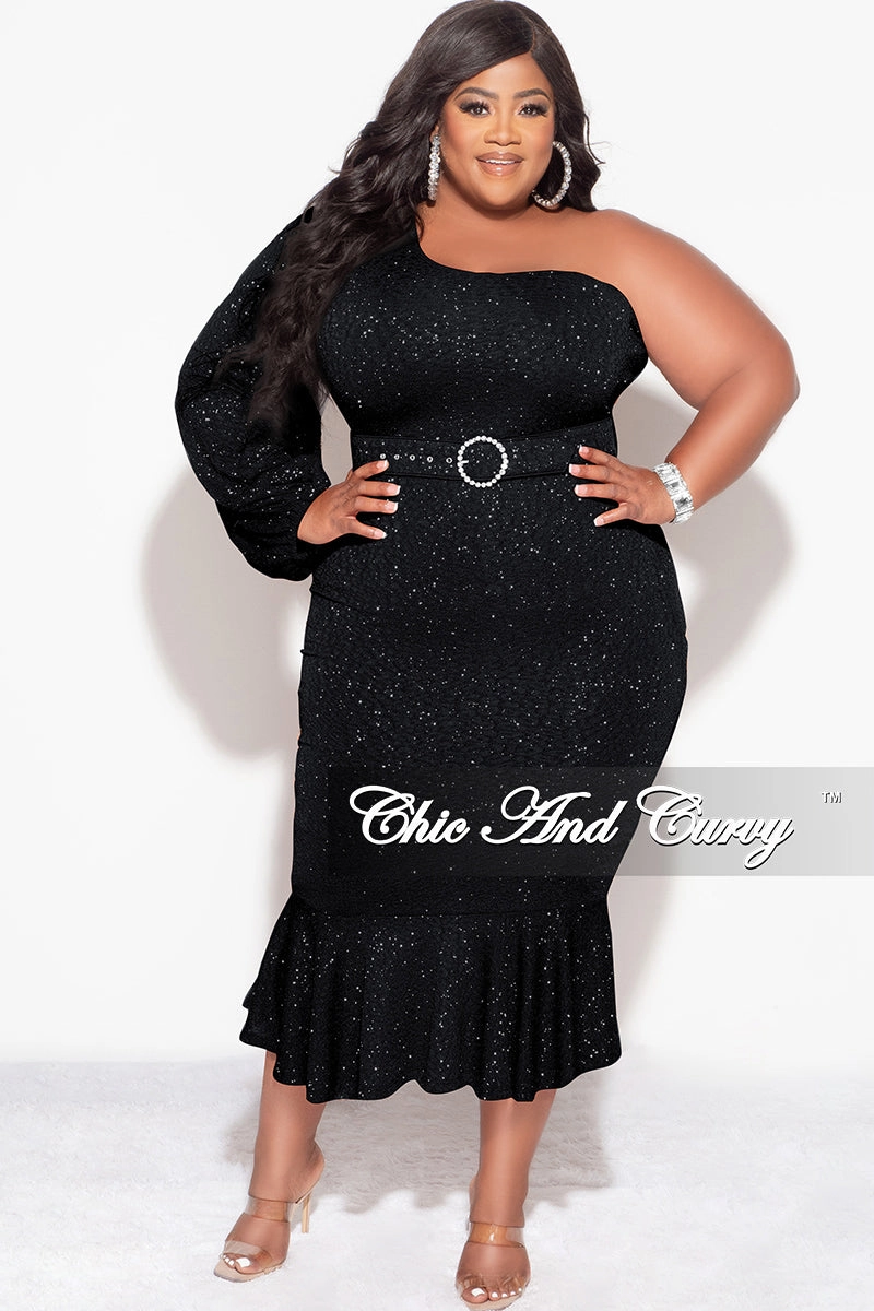 Weekend Smart Final Sale Plus Size Shimmer One Shoulder Midi Dress with Bottom Ruffle in Black