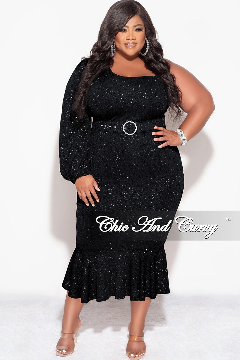 Everyday Look Final Sale Plus Size Shimmer One Shoulder Midi Dress with Bottom Ruffle in Black