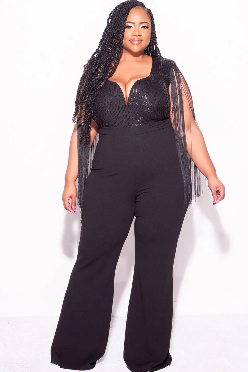 Final Sale Plus Size Fringe Shoulder Faux Wrap Sequin Jumpsuit Black Weekend Ready Quick Release Buckle