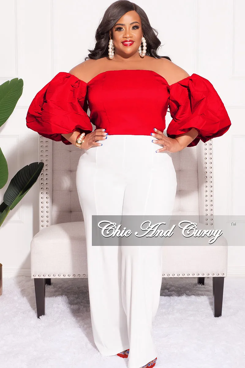 Light Fit Wear Final Sale Plus Size Off the Shoulder Puffy Sleeve Crop Top in Red