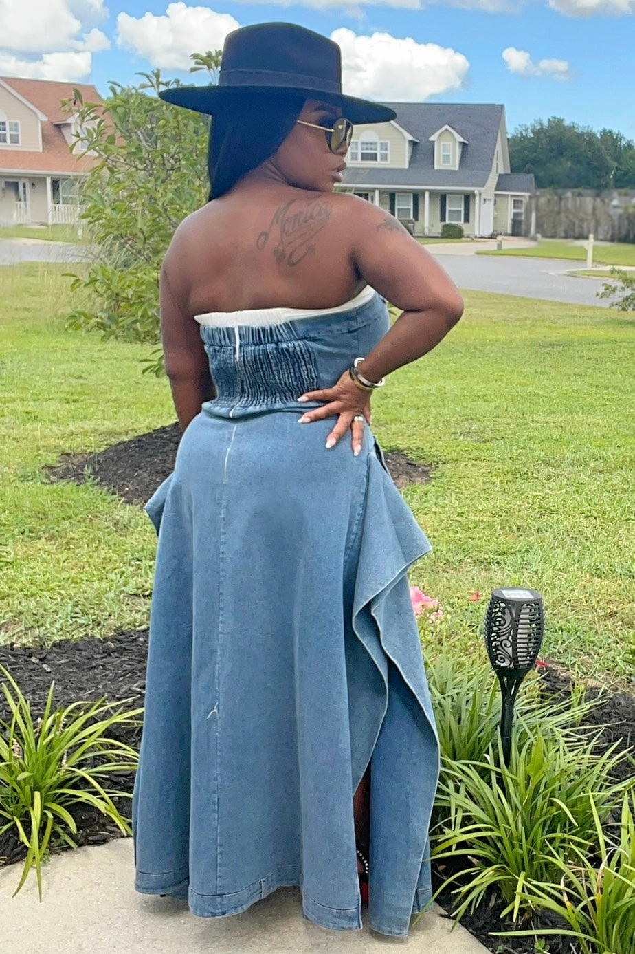 Formed Look Euro Touch Davida Press Play Button Up Maxi Dress Denim