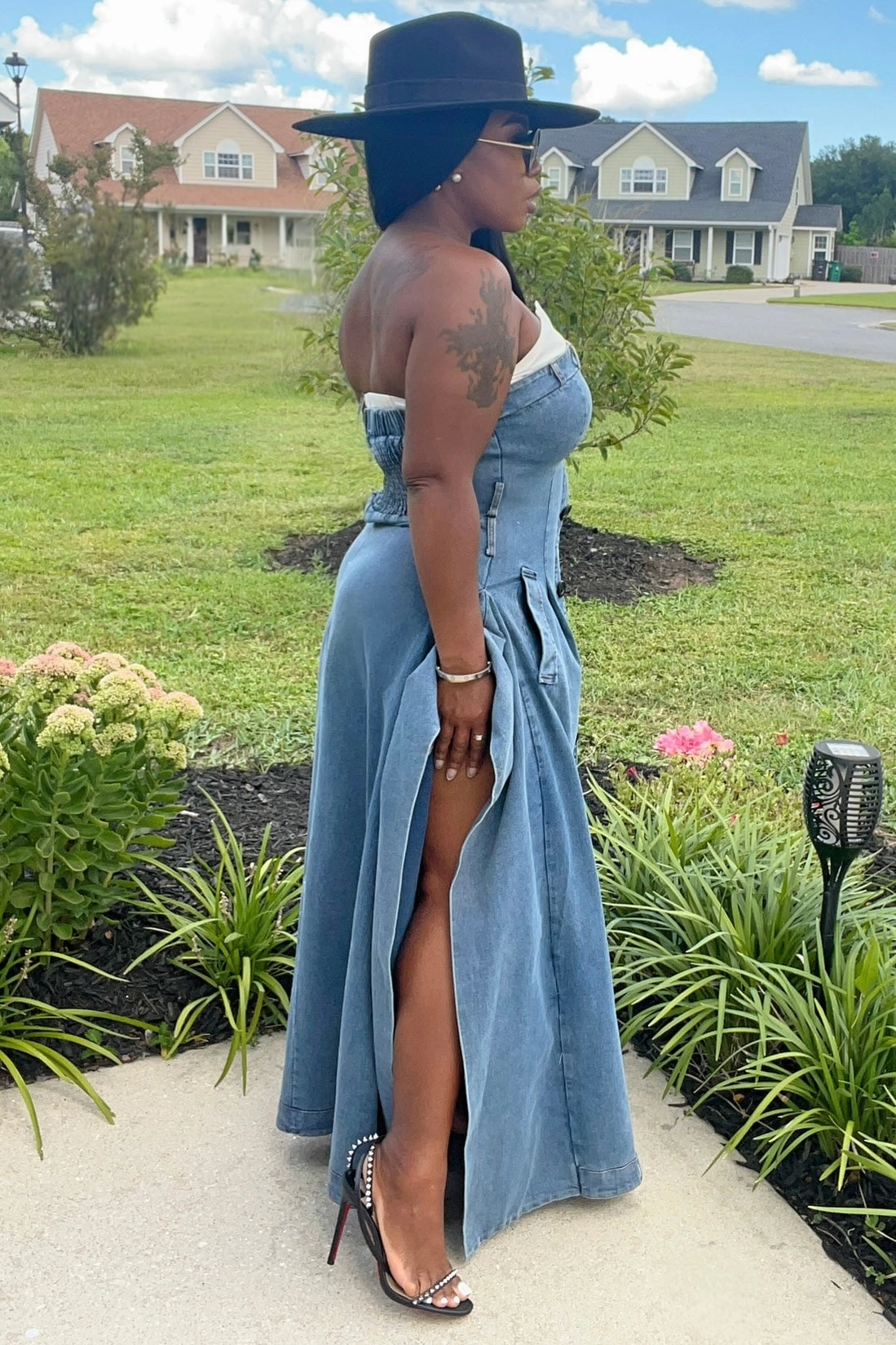 Davida Press Play Button Up Maxi Dress Denim Flattering Design Wear