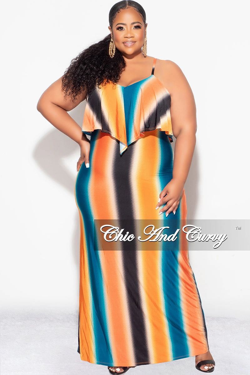Final Sale Plus Size Maxi Dress with Spaghetti Straps & Overlay Ruffle in Orange, Black & Teal Vertical Stripes Modern Waist Flexible Gusset