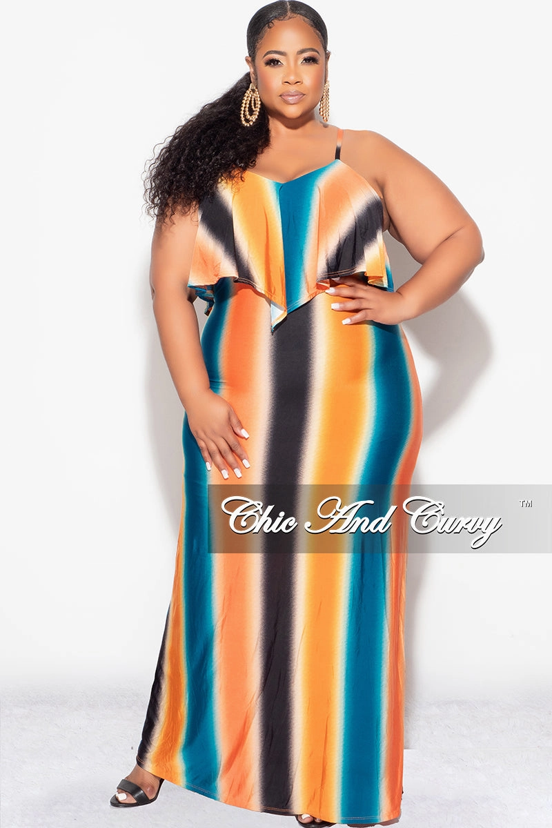 Air Circulation Cozy Movement Final Sale Plus Size Maxi Dress with Spaghetti Straps & Overlay Ruffle in Orange, Black & Teal Vertical Stripes