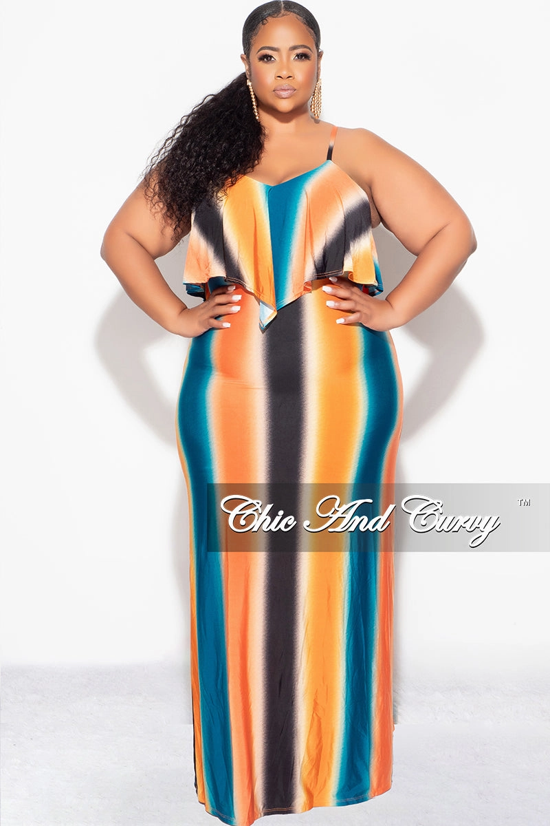 Flex Wear Full Coverage Final Sale Plus Size Maxi Dress with Spaghetti Straps & Overlay Ruffle in Orange, Black & Teal Vertical Stripes