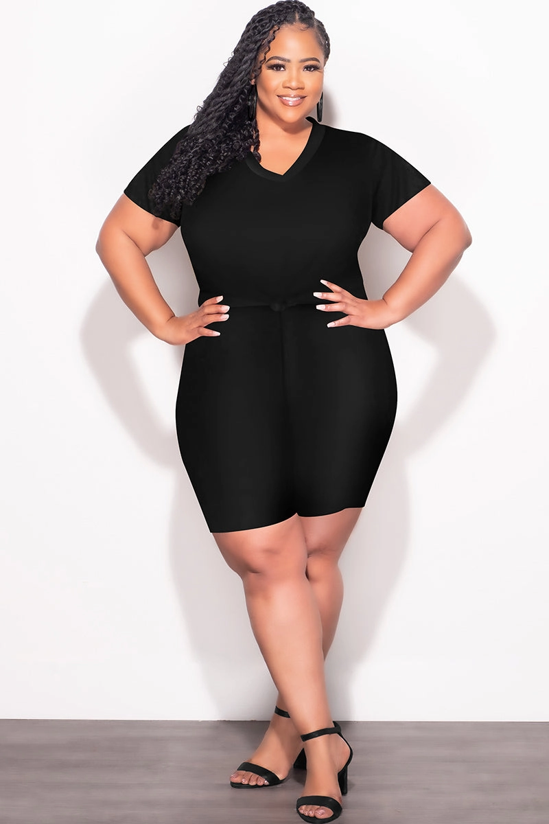 Snag Free Fabric Anti Snag Threading Final Sale Plus Size 2pc V Neck Biker Shorts Set in Black