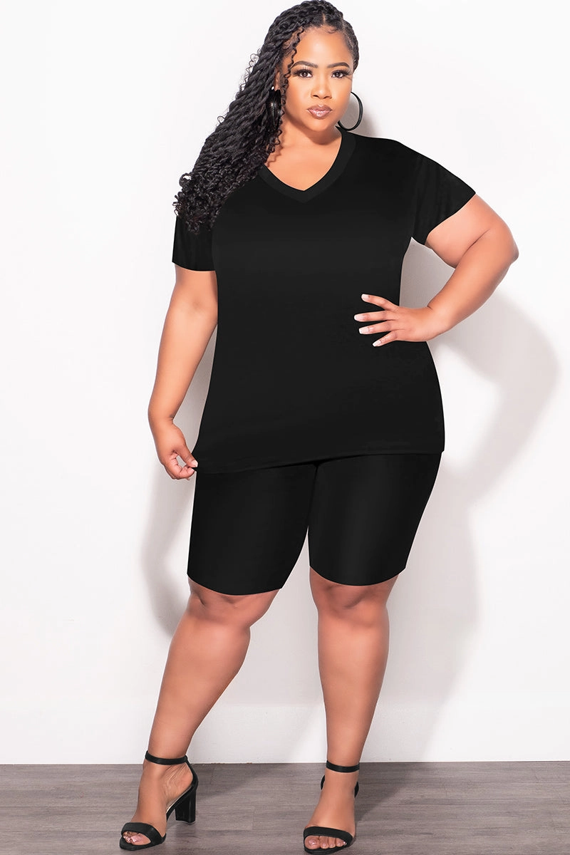 Final Sale Plus Size 2pc V Neck Biker Shorts Set in Black Reflective Trim Options