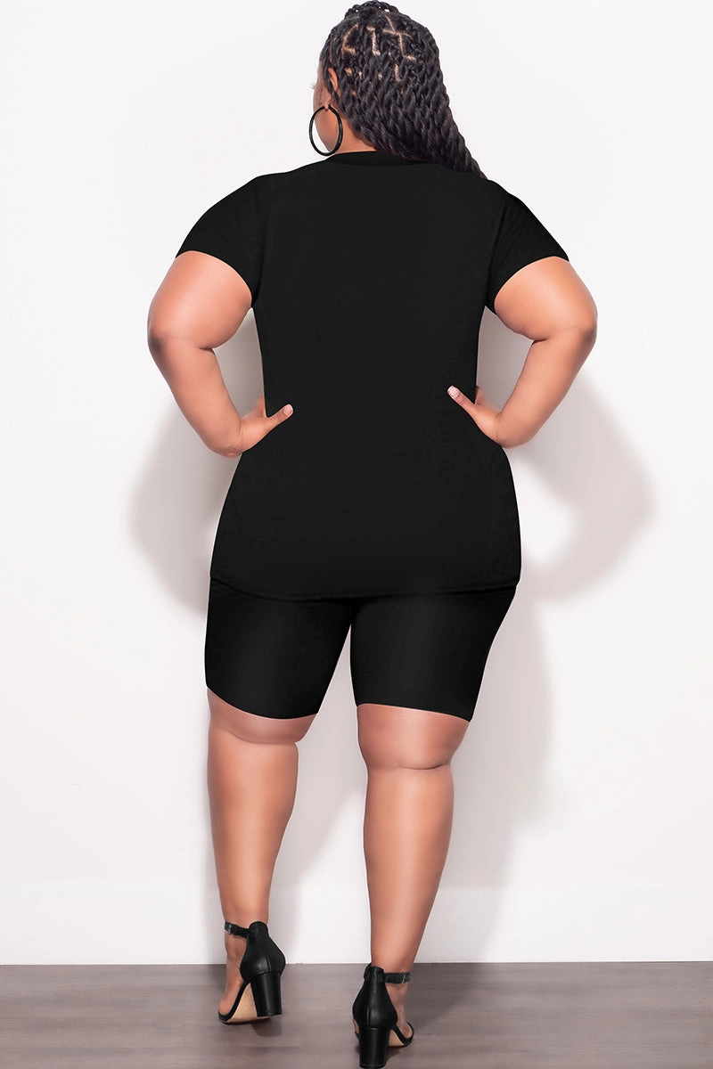 Final Sale Plus Size 2pc V Neck Biker Shorts Set in Black Comfortable Wear