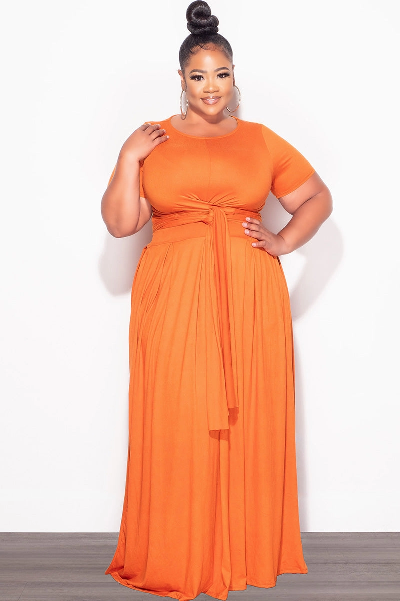 Final Sale Plus Size 2pc Short Sleeve Tie Top and Skirt Set in Orange Quick Layering