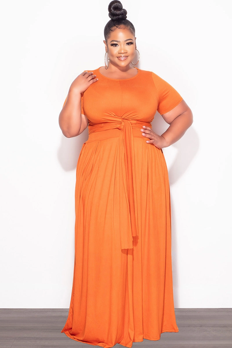 Chill Comfort Fit HeatRegulatingLining Final Sale Plus Size 2pc Short Sleeve Tie Top and Skirt Set in Orange