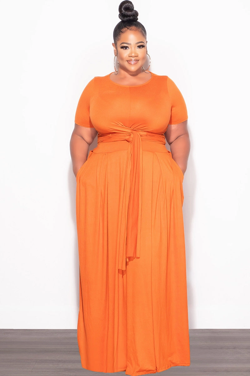 Wrinkle-Resistant Final Sale Plus Size 2pc Short Sleeve Tie Top and Skirt Set in Orange