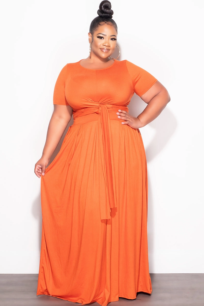 Final Sale Plus Size 2pc Short Sleeve Tie Top and Skirt Set in Orange Laser cut Comfy Design
