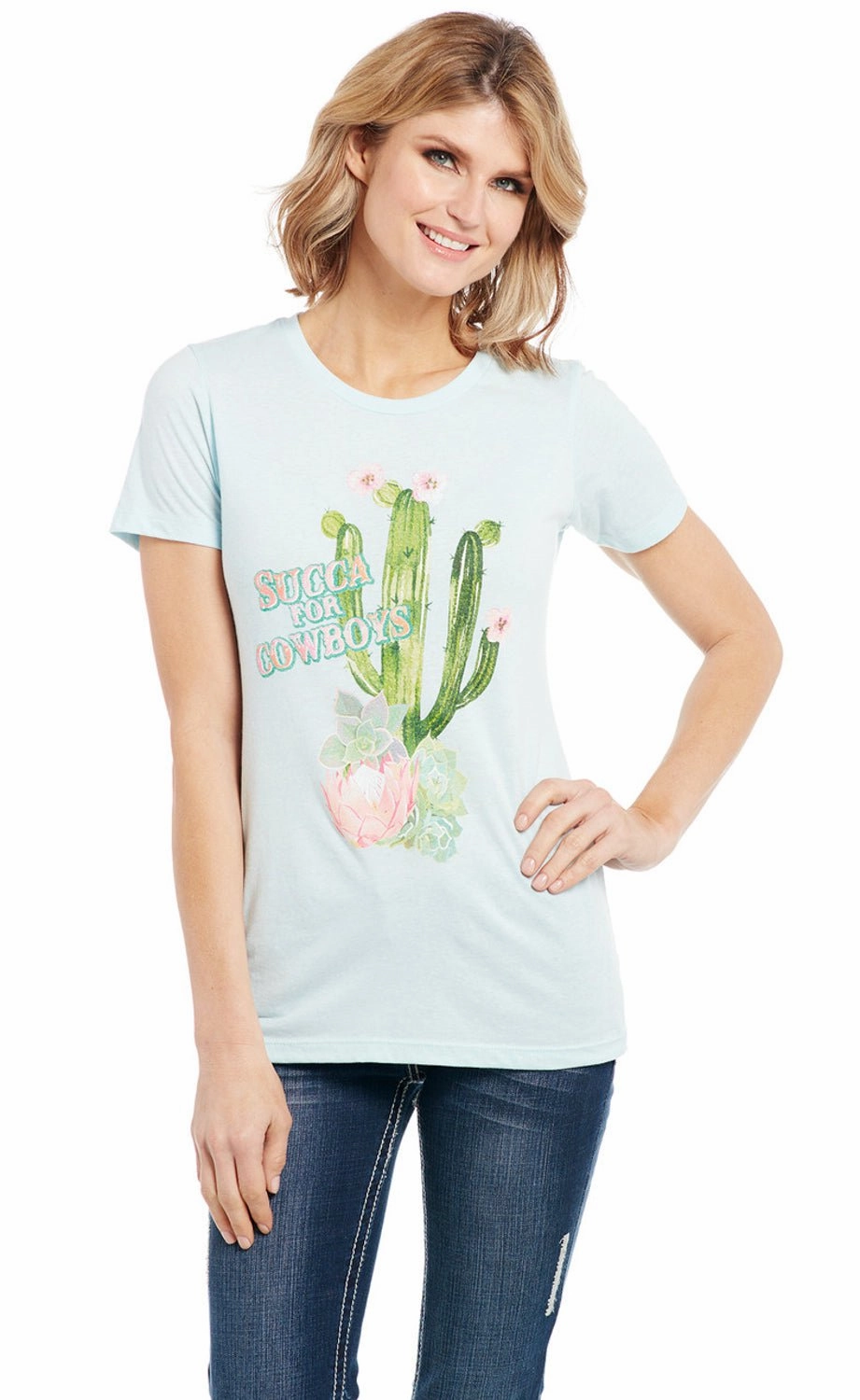 Cowgirl Up Womens Succa for Cowboys Vintage Blue 100% Cotton S/S T-Shirt Student Essential