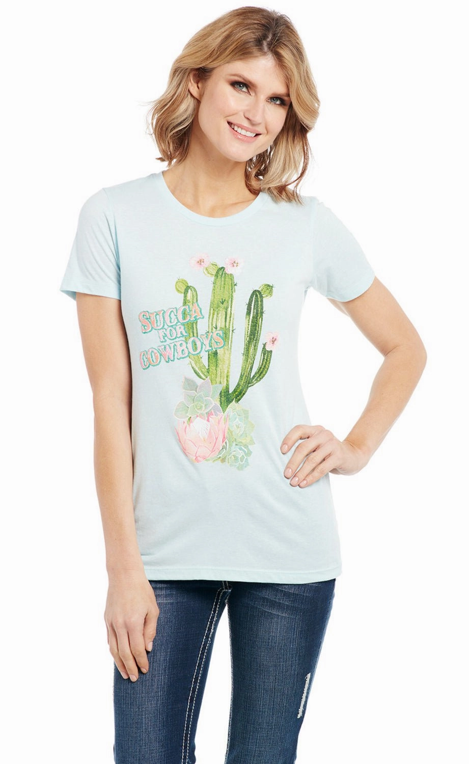 Layering Piece Wrinkle-Free Cowgirl Up Womens Succa for Cowboys Vintage Blue 100% Cotton S/S T-Shirt