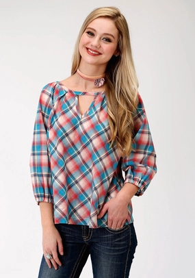 Roper Plaid Womens Red 100% Cotton Desert Sunrise S/S Blouse bohemian flair