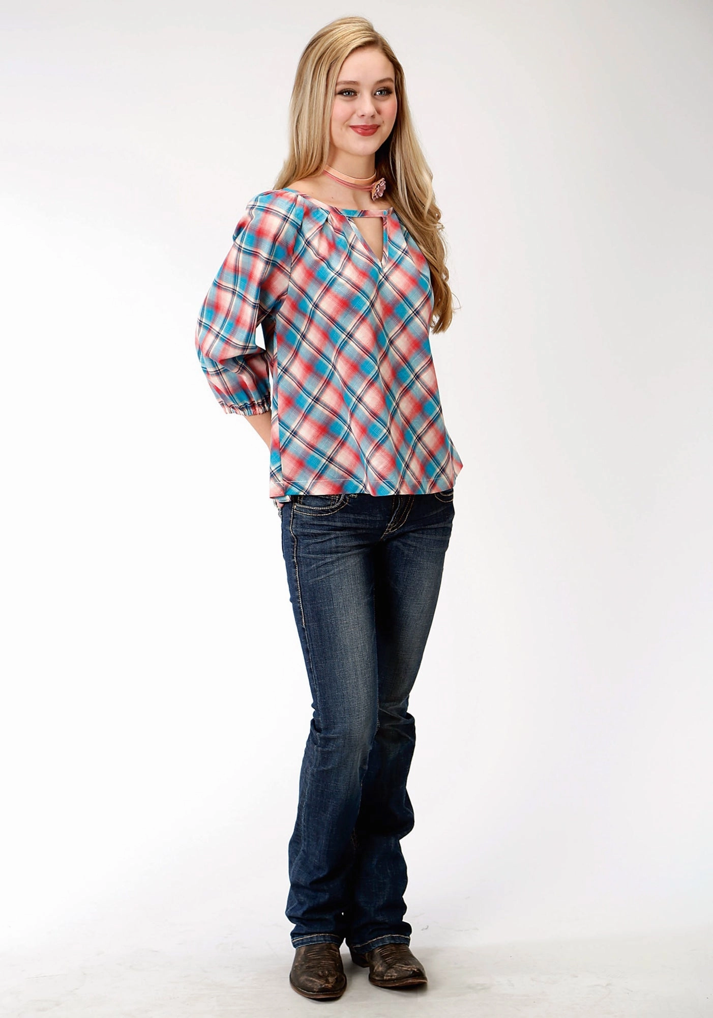 Roper Plaid Womens Red 100% Cotton Desert Sunrise S/S Blouse Weekend Casual Two Tone Stitching