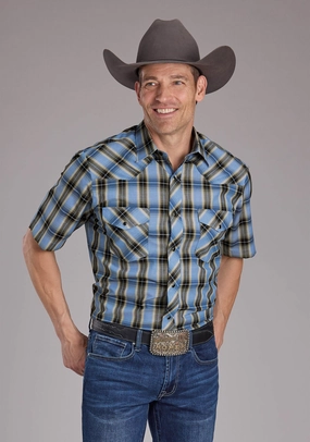 Roper Mens 2412 Plaid Blue/Brown Cotton Blend S/S Shirt Zip Front