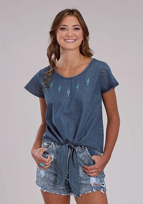 Roper Womens 2530 Flutter Sleeve Denim 100% Cotton Cactus S/S Blouse Smooth Stitch Pattern