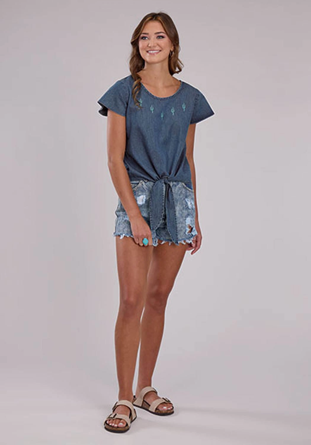 Roper Womens 2530 Flutter Sleeve Denim 100% Cotton Cactus S/S Blouse No Bulk Layering System Hiking Gear