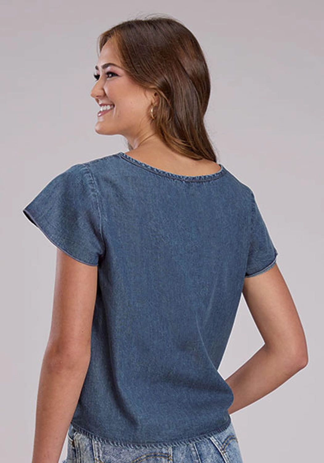 Sustainable production Roper Womens 2530 Flutter Sleeve Denim 100% Cotton Cactus S/S Blouse