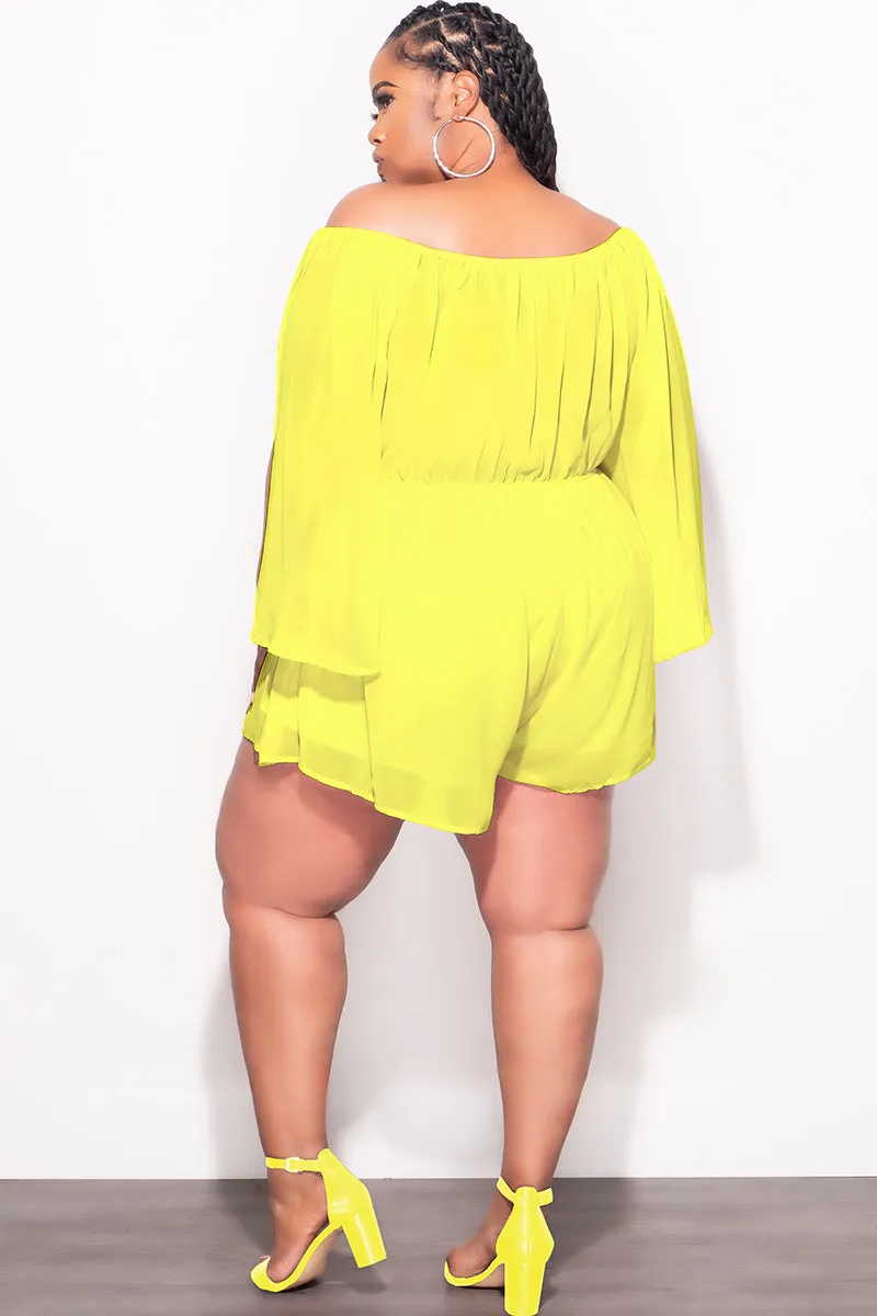 Final Sale Plus Size Off the Shoulder Chiffon Romper with Slit Sleeves in Yellow Puce Odor Control Tech Stylish Layers