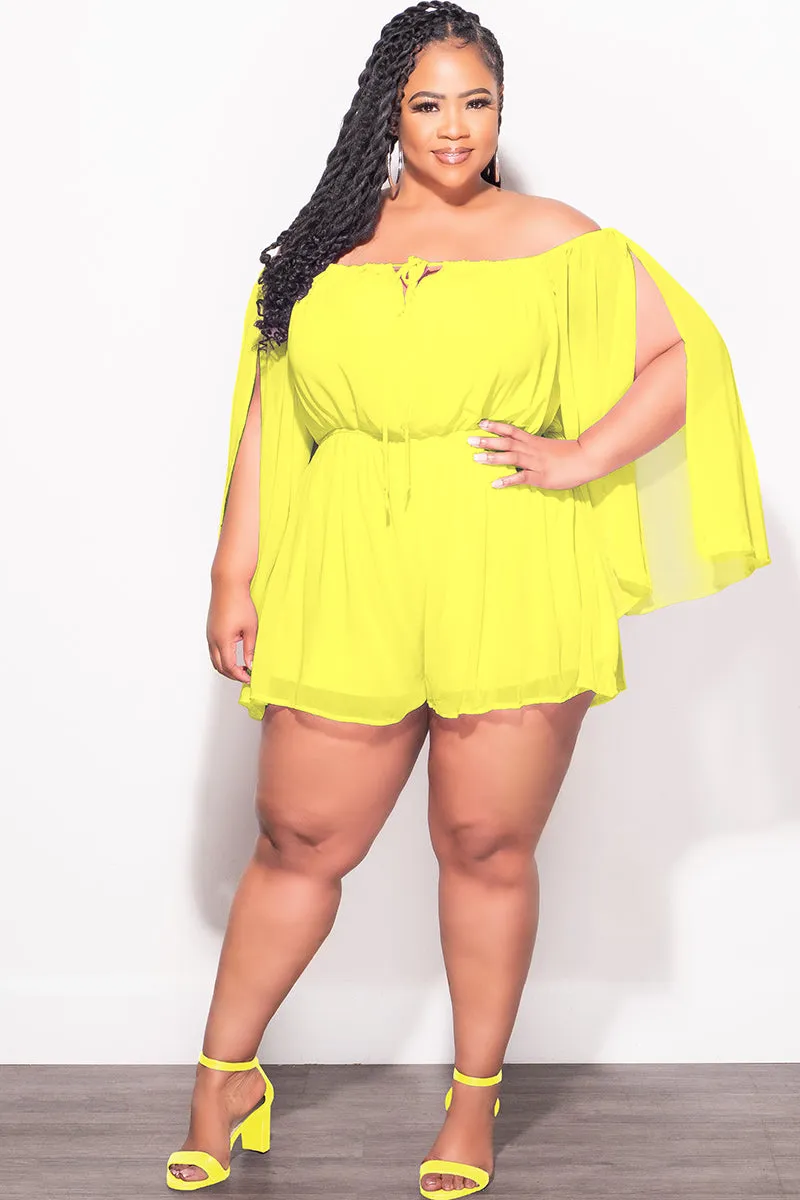 Final Sale Plus Size Off the Shoulder Chiffon Romper with Slit Sleeves in Yellow Puce AdjustableTabs