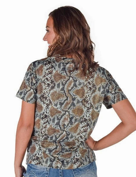 Cowgirl Tuff Womens Flowy V-Neck Snake Dusty Blue Poly/Spandex S/S T-Shirt Soft Touch Fabric Advanced Moisture Management
