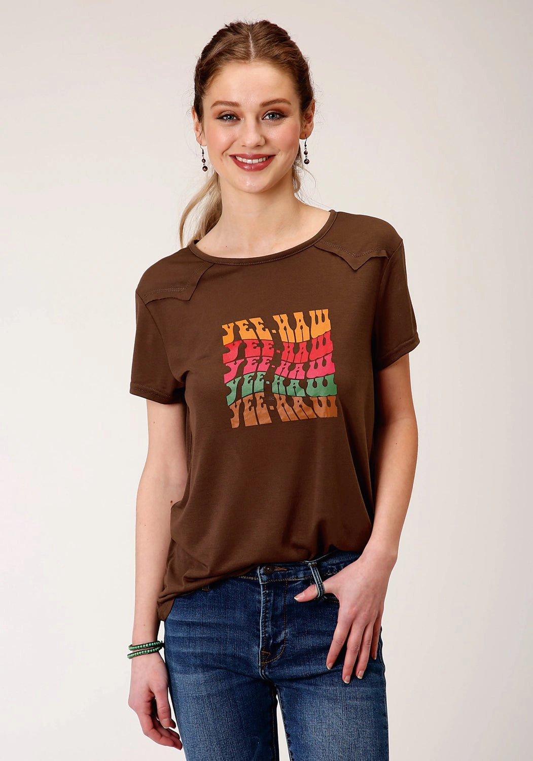 Roper Womens Brown Poly/Rayon YeeHaw S/S T-Shirt Stretch Fit Technology Earthy Hue