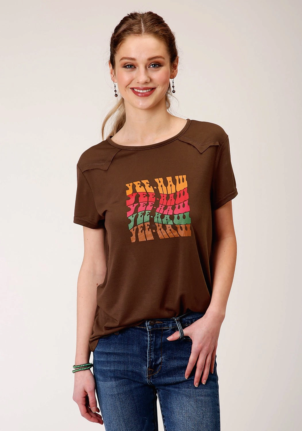 Roper Womens Brown Poly/Rayon YeeHaw S/S T-Shirt Stylish Element