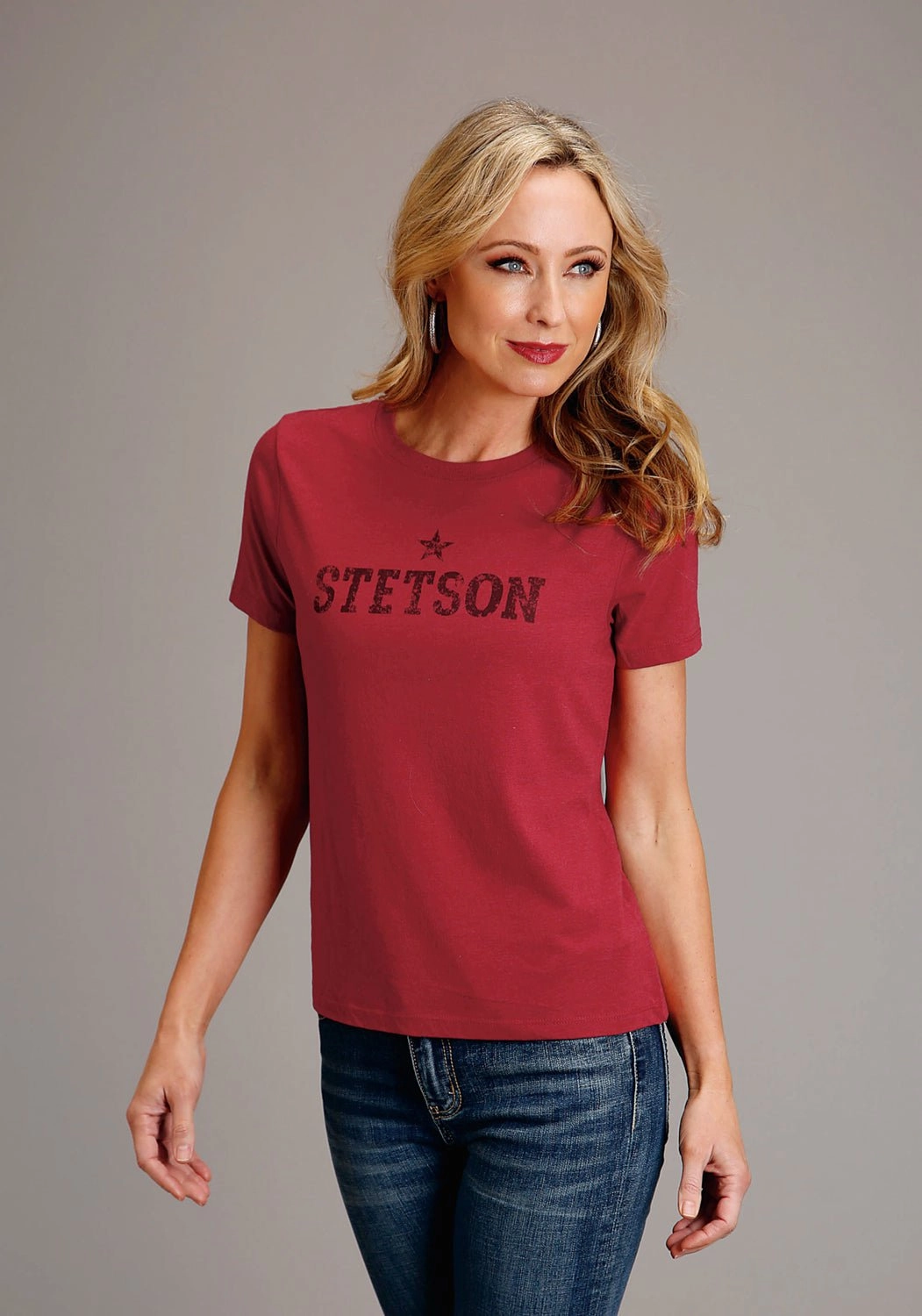 Streamlined Design Holiday Outfit Stetson Womens Star Screenprint Red Cotton Blend S/S T-Shirt