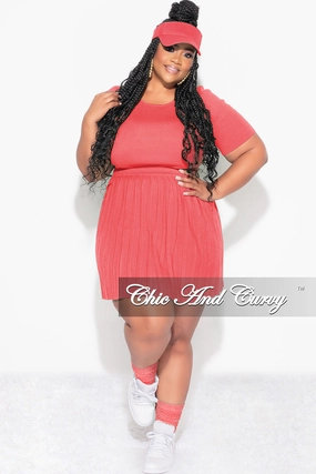High Waist Stretch Minimal Comfort Final Sale Plus Size 2pc Short Sleeve Top and Pleated Skirt Set in Coral