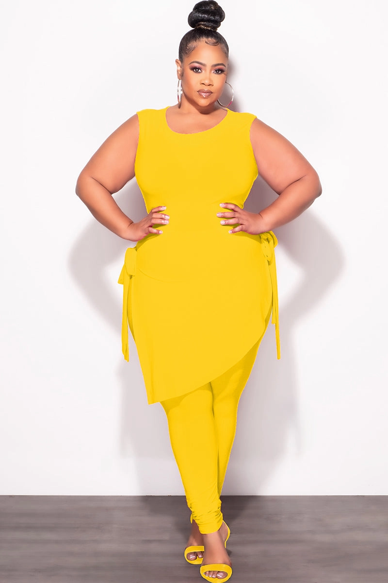 Durable Seam Construction Fashion Staple Final Sale Plus Size 2pc Sleeveless Top and Pants Set in Yellow