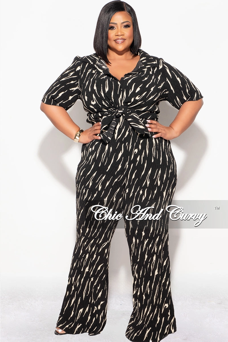 QuickDryTechnology Final Sale Plus Size 2pc Button Up Collar Top and Pants Set in Black and Tan