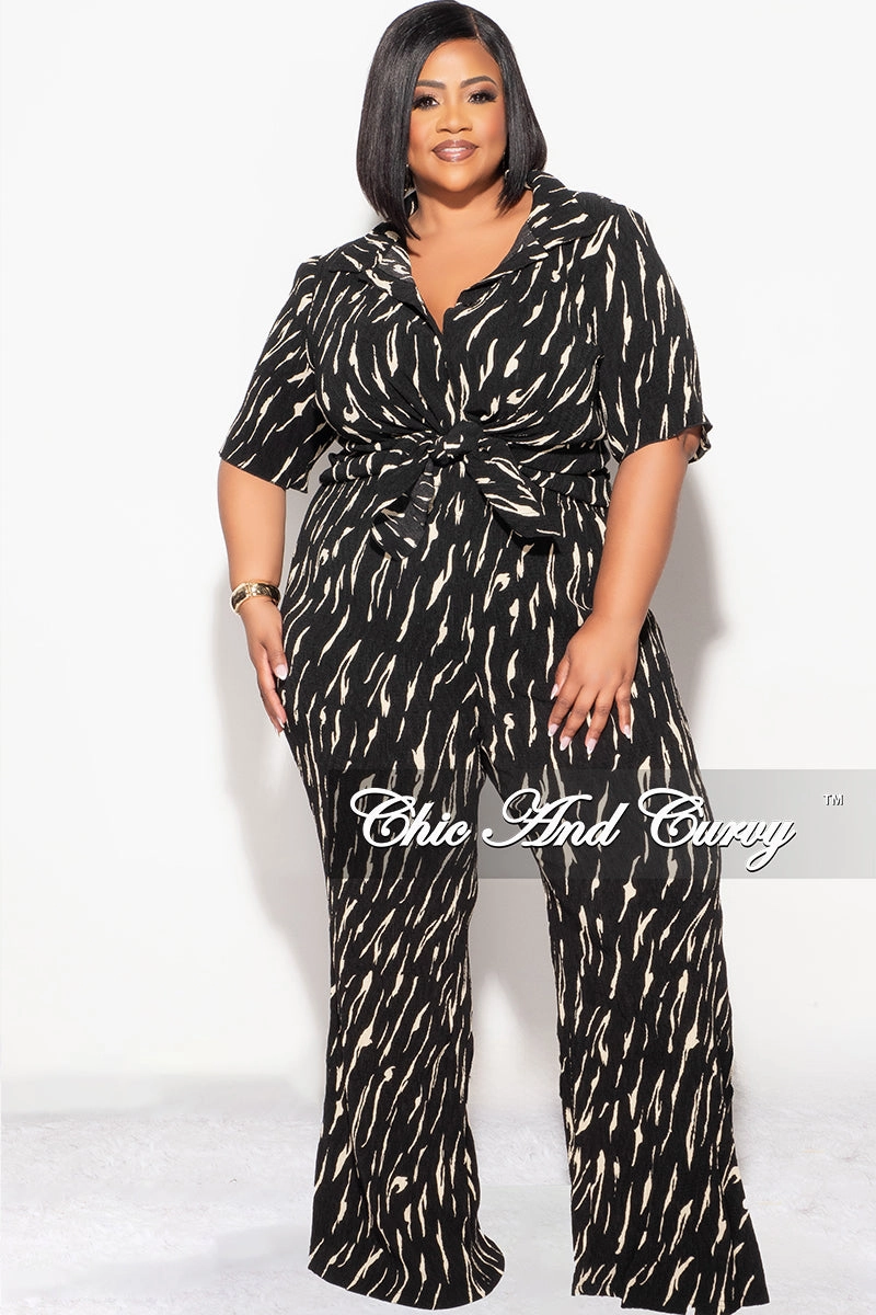 stain guard elastic waistband Final Sale Plus Size 2pc Button Up Collar Top and Pants Set in Black and Tan