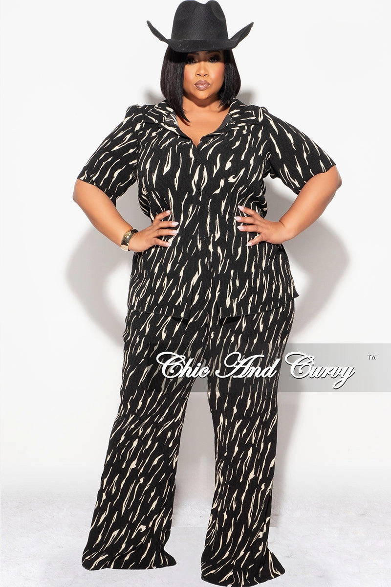Final Sale Plus Size 2pc Button Up Collar Top and Pants Set in Black and Tan Customizable length