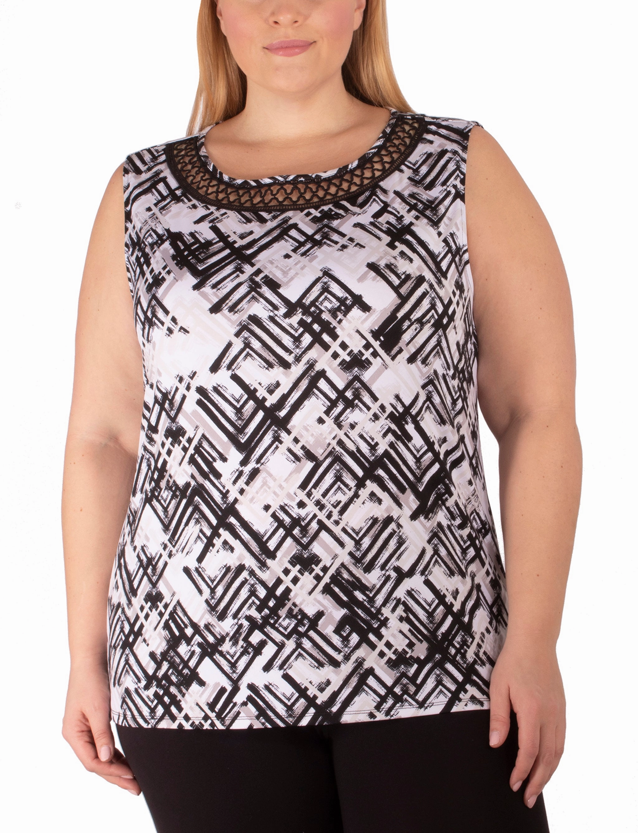 Plus Size Sleeveless Top With Crochet Neckline SublimatedPrint Anti Fade Technology