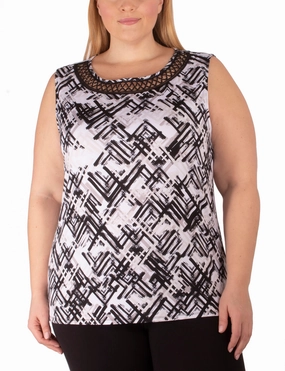 Plus Size Sleeveless Top With Crochet Neckline SublimatedPrint Anti Fade Technology