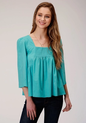 Roper Womens Turquoise 100% Cotton Bell Sleeve S/S Blouse Comfortable fit