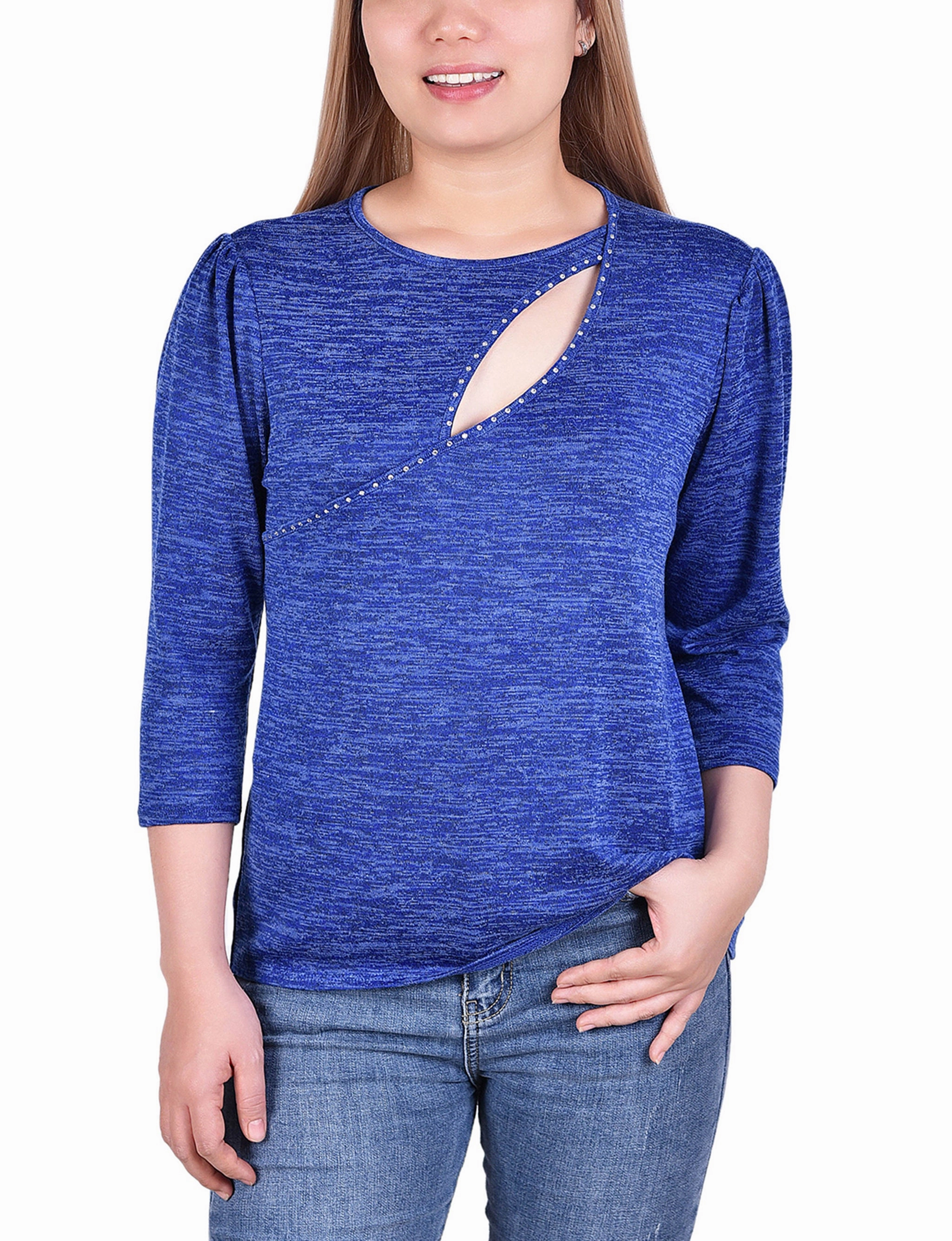 Sandwich Mesh Panel Structure 3/4 Sleeve Cutout Neck Top With Studs